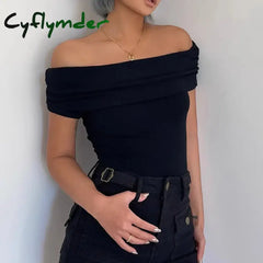 Cyflymder Black Off Shoulder Elegant Short Tops Side Pleated Fashion Slim Sexy Cropped T Shirt