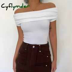 Cyflymder Black Off Shoulder Elegant Short Tops Side Pleated Fashion Slim Sexy Cropped T Shirt