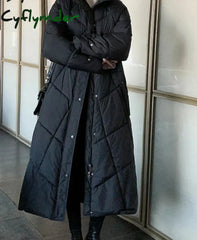 Black Parkas for Women Hooded Turtleneck Thermal Casual Long Coat Winter Fashion Loose Single Breasted Outerwear Cyflymder