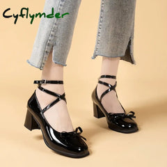 Cyflymder Black Retro Cross-Tie Pumps Casual Summer Round Toe Shoes Ladies Sweet Fashion Shoes Woman Bow Design