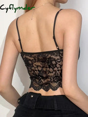 Cyflymder summer inspo Black See Through Sexy Asymmetrical Goth Lace Camisole Women Rave Baddie Outfits Crop Top