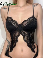 Cyflymder summer inspo Black See Through Sexy Asymmetrical Goth Lace Camisole Women Rave Baddie Outfits Crop Top