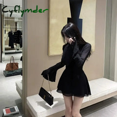 Cyflymder Black Sexy Dress Women Off Shoulder Partywear Lace-Up Elegant Flare Sleeve Mini Y2K