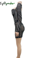 Cyflymder - Black Sexy Elegant Solid Patchwork Backless Mesh Hot Drill Asymmetrical Collar One Step