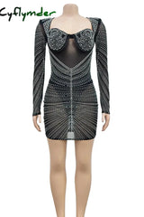 Cyflymder - Black Sexy Elegant Solid Patchwork Backless Mesh Hot Drill Asymmetrical Collar One Step
