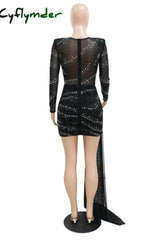 Cyflymder - Black Sexy Patchwork Hot Drilling Hollowed Out See-Through V Neck Wrapped Skirt Dresses