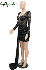 Cyflymder - Black Sexy Patchwork Hot Drilling Hollowed Out See-Through V Neck Wrapped Skirt Dresses