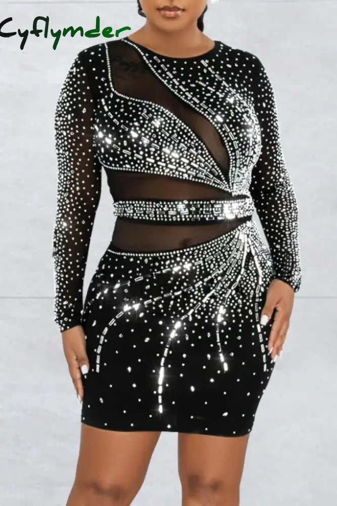 Cyflymder - Black Sexy Patchwork Hot Drilling See-Through O Neck Long Sleeve Dresses