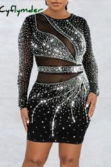 Cyflymder - Black Sexy Patchwork Hot Drilling See-Through O Neck Long Sleeve Dresses