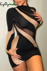 Cyflymder - Black Sexy Patchwork See-Through O Neck Long Sleeve Dresses / S