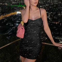 Cyflymder - Black Sexy Patchwork Sequins Spaghetti Strap Sleeveless Dress Dresses