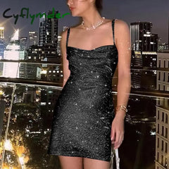 Cyflymder - Black Sexy Patchwork Sequins Spaghetti Strap Sleeveless Dress Dresses Black / S