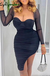 Cyflymder - Black Sexy Solid Patchwork Asymmetrical Square Collar Long Sleeve Dresses