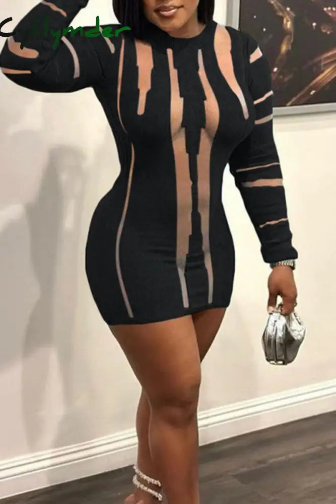 Cyflymder - Black Sexy Solid Patchwork See-Through O Neck Long Sleeve Dresses