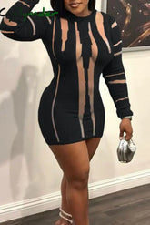 Cyflymder - Black Sexy Solid Patchwork See-Through O Neck Long Sleeve Dresses