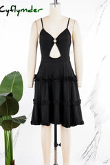 Cyflymder - Black Sexy Sweet Daily Party Backless Solid Color Stringy Selvedge Spaghetti Strap Mini