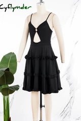 Cyflymder - Black Sexy Sweet Daily Party Backless Solid Color Stringy Selvedge Spaghetti Strap Mini