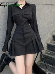 Cyflymder Black Shirt Dress Women Elegant Vintage Long Sleeve Dresses Sexy Gothic Pleated Streetwear Turn-down Collar