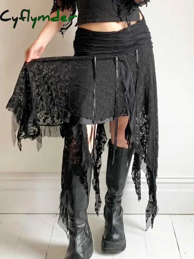 Cyflymder Black Solid Goth Lace Midi Skirts Womens Asymmetrical Hem Chic Fashion Vacation Boho Outfits