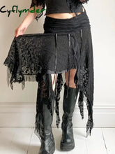 Cyflymder Black Solid Goth Lace Midi Skirts Womens Asymmetrical Hem Chic Fashion Vacation Boho Outfits