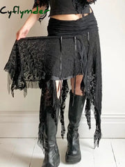 Cyflymder Black Solid Goth Lace Midi Skirts Womens Asymmetrical Hem Chic Fashion Vacation Boho Outfits
