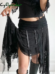 Cyflymder Black Solid Goth Lace Midi Skirts Womens Asymmetrical Hem Chic Fashion Vacation Boho Outfits