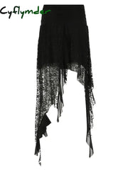 Cyflymder Black Solid Goth Lace Midi Skirts Womens Asymmetrical Hem Chic Fashion Vacation Boho Outfits