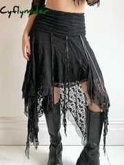 Cyflymder Black Solid Goth Lace Midi Skirts Womens Asymmetrical Hem Chic Fashion Vacation Boho Outfits Black / S