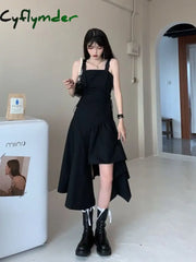 Cyflymder Black Spaghetti Strap Dress Goth Women Summer Elegant Sexy Party Solio Irregular Gothic