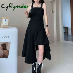 Cyflymder Black Spaghetti Strap Dress Goth Women Summer Elegant Sexy Party Solio Irregular Gothic