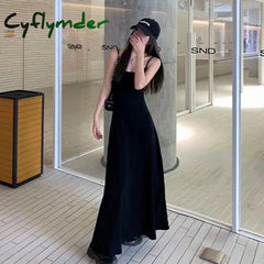 Cyflymder Black Stap Long Dress Women Streetwear Sleeveless A Line Dresses Y2K Korean Slim Sundress