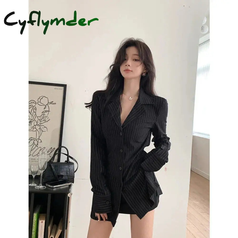 Black Striped Blouses Women Korean Sexy V-Neck Slim Shirts Office Lady Fashion Elegant Long Sleeve Tunics Casual Tops New