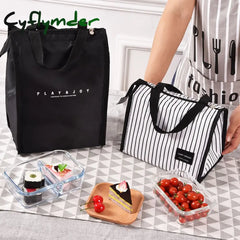 Cyflymder Black Thermal Family Lunch Bag Picnic School Cold Insulation Bento Pouch Travel Food