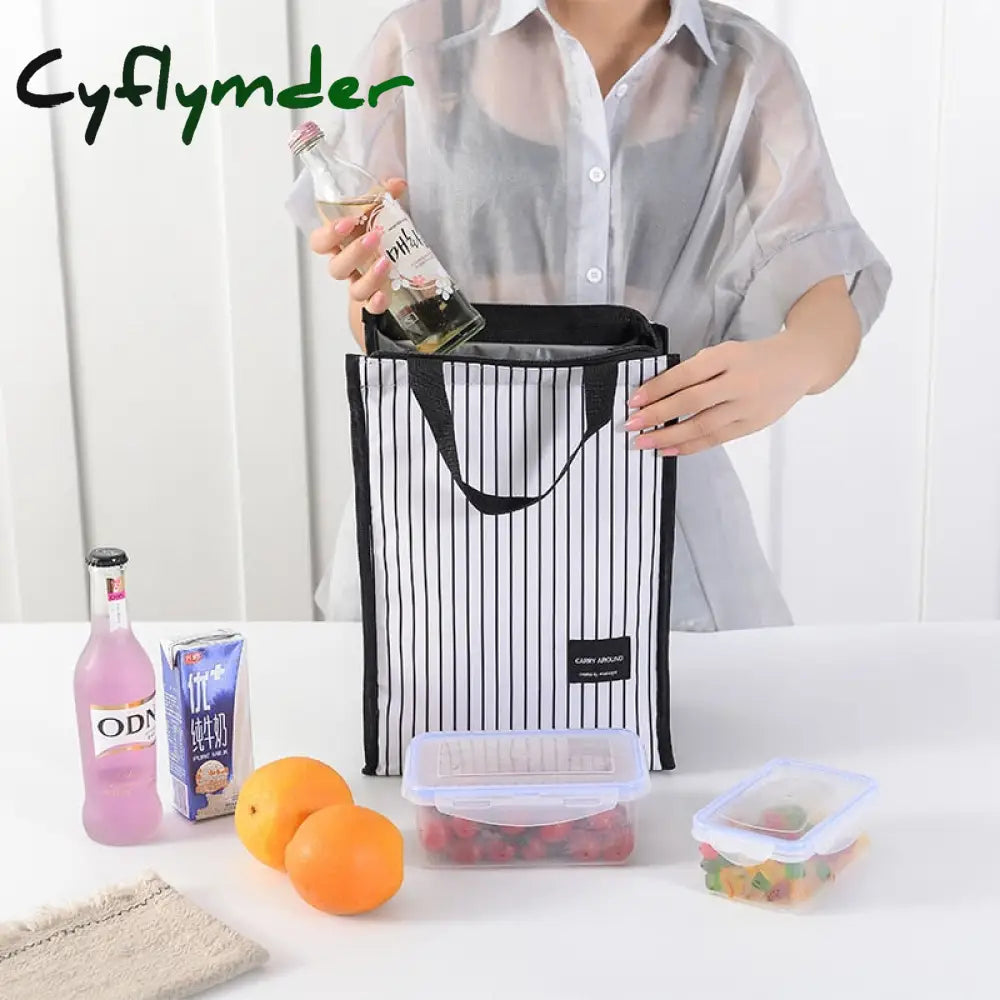 Cyflymder Black Thermal Lunch Bag Portable Cooler Insulated Picnic Bento Tote Travel Fruit Drink