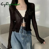 Black Tie Thin Knitted Cropped Cardigan Women Summer Korean Casual Lace Long Sleeve Short Outerwear 7 Colours