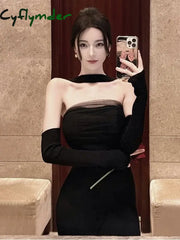 Cyflymder Black Vintage Sexy Strapless Dress Women Casual Korean Split Bodycon Midi Dress Female Autumn Fashion Casual