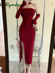 Cyflymder Black Vintage Sexy Strapless Dress Women Casual Korean Split Bodycon Midi Dress Female Autumn Fashion Casual