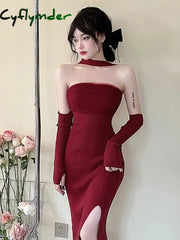 Cyflymder Black Vintage Sexy Strapless Dress Women Casual Korean Split Bodycon Midi Dress Female Autumn Fashion Casual