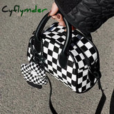 Cyflymder Black White Plaid Boston Bag Checkerboard Small Handbags For Women With Flower Pendant