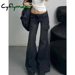 Cyflymder Black Womens Jeans High Waist Vintage Straight Winter Denim Pants Street Multiple Pockets American Wide Leg