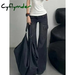 Cyflymder Black Womens Jeans High Waist Vintage Straight Winter Denim Pants Street Multiple Pockets American Wide Leg