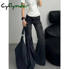 Cyflymder Black Womens Jeans High Waist Vintage Straight Winter Denim Pants Street Multiple Pockets American Wide Leg