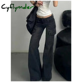 Cyflymder Black Womens Jeans High Waist Vintage Straight Winter Denim Pants Street Multiple Pockets American Wide Leg