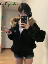 Cyflymder Black Zip Up Hoodies Women Vintage Preppy Style Faux Fur Coat Korean Oversized Casual Sweatshirt Harajuku
