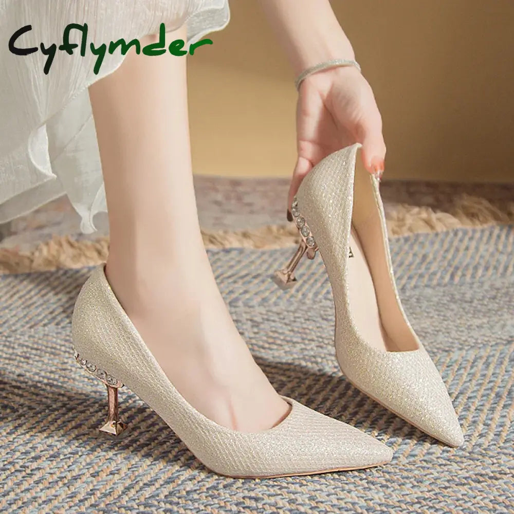 Cyflymder Bling Gold Silver Pointed Toe Pumps Women Rhinesthone Thin Heels Party Wedding Shoes Woman Shallow