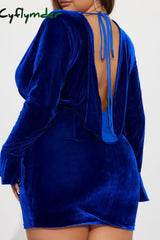 Cyflymder - Blue Casual Solid Frenulum Backless V Neck Long Sleeve Dresses