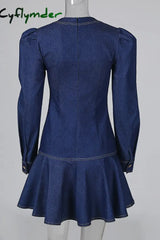 Cyflymder - Blue Casual Solid Patchwork V Neck Long Sleeve Dresses