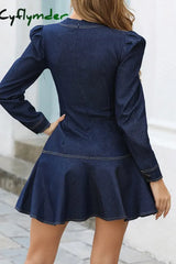 Cyflymder - Blue Casual Solid Patchwork V Neck Long Sleeve Dresses
