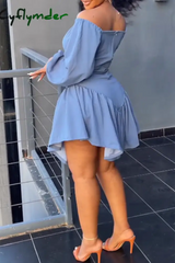 Cyflymder - Blue Casual Sweet Daily Simplicity Patchwork Frenulum Flounce Solid Color Off The