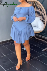 Cyflymder - Blue Casual Sweet Daily Simplicity Patchwork Frenulum Flounce Solid Color Off The